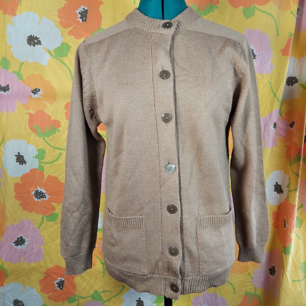 Vintage 70s Buffums Brown Acrylic Button Up Cardigan Sweater Pockets Medium